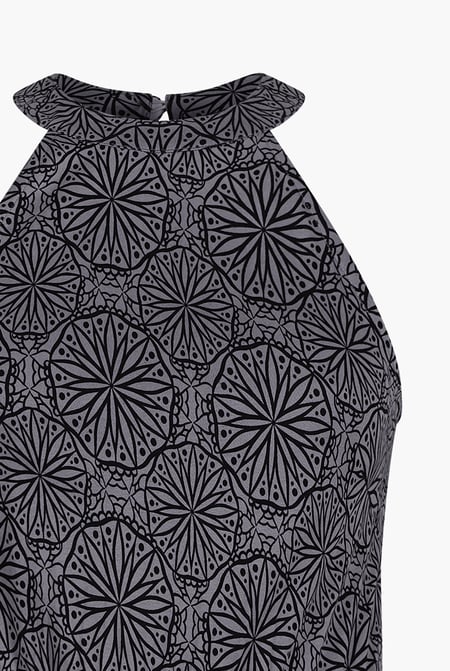 Black Tiles Print Halter Neck Midi Jersey Dress
