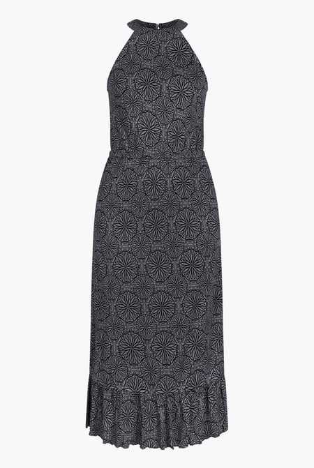 Black Tiles Print Halter Neck Midi Jersey Dress