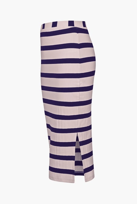 Navy Side Slit Striped Ribbed Jersey Skirt
