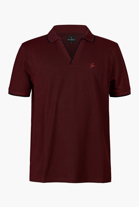Red Regular Fit Ribbed V-Neck Polo Shirt