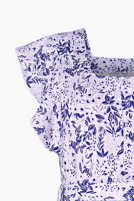 Blue Square Neck Tie Waist Jersey Dress With Frill Sleeve Detail
