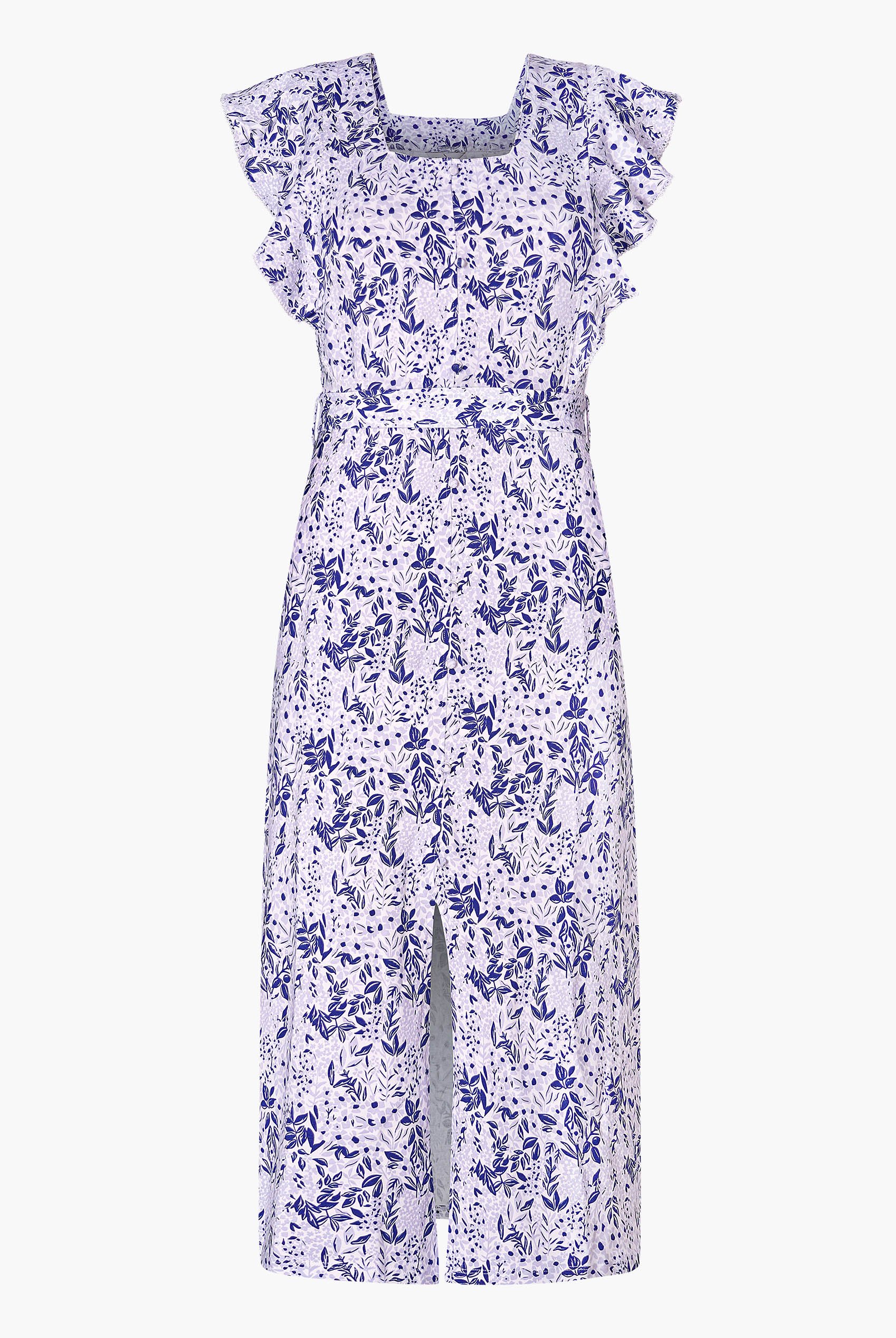Square Neck Tie Waist Jersey Dress With Frill Sleeve Detail