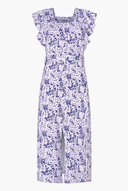 Brown Square Neck Tie Waist Jersey Dress With Frill Sleeve Detail