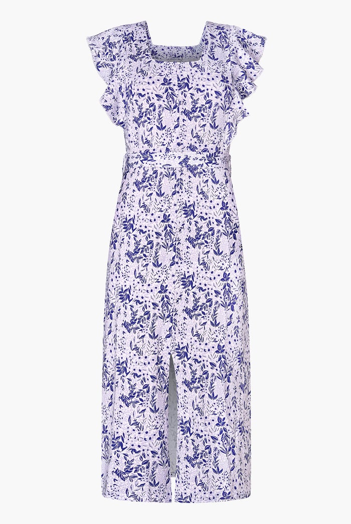 Square Neck Tie Waist Jersey Dress With Frill Sleeve Detail