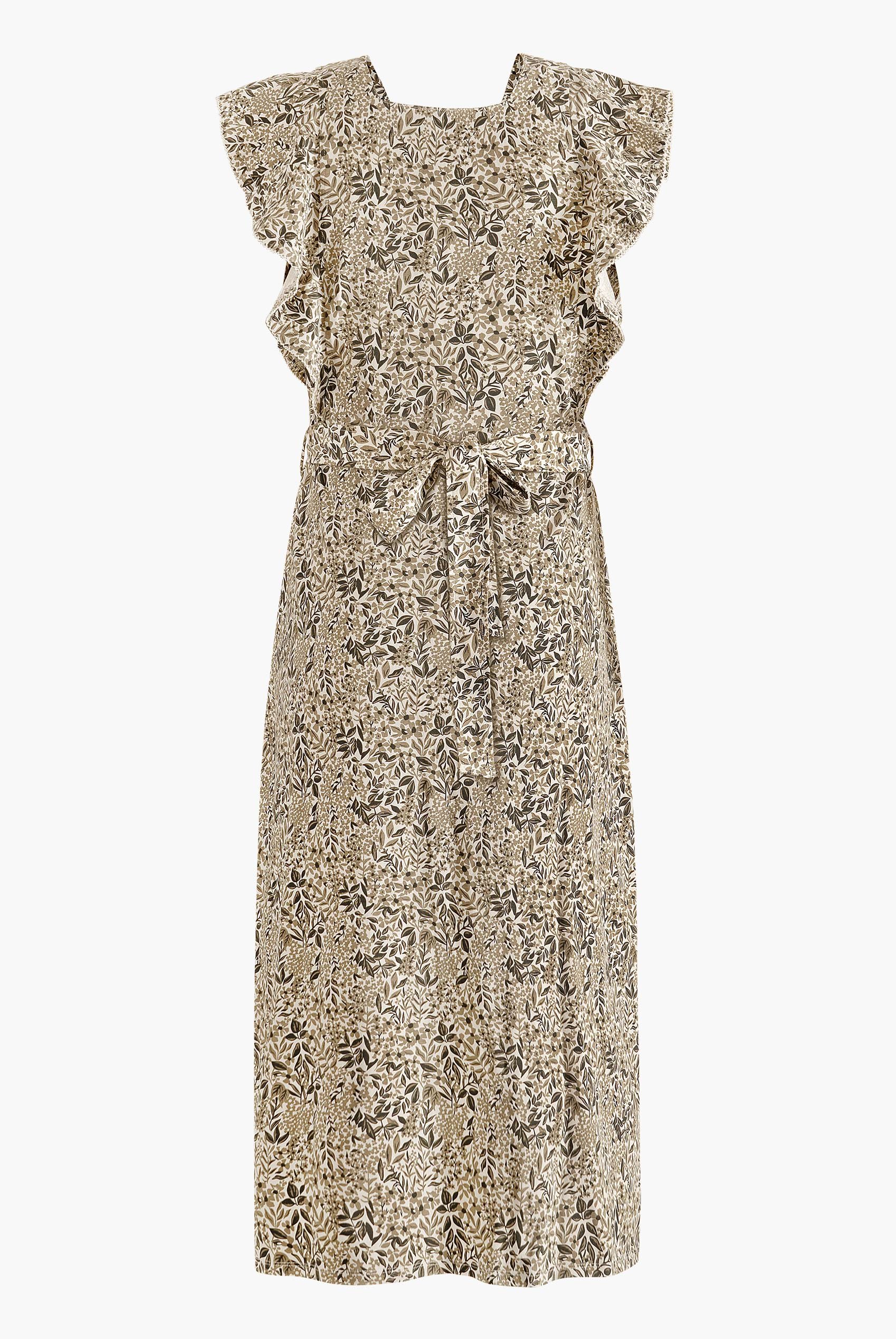 Square Neck Tie Waist Jersey Dress With Frill Sleeve Detail