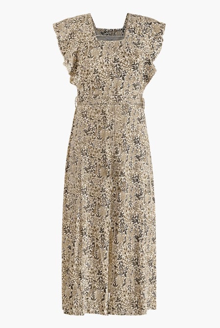 Brown Square Neck Tie Waist Jersey Dress With Frill Sleeve Detail