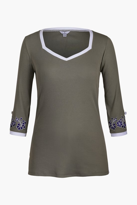 Sweetheart Neck  Embroidered Long Sleeves Tops