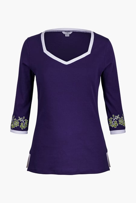 Navy Sweetheart Neck  Embroidered Long Sleeves Tops