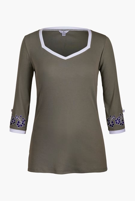 Navy Sweetheart Neck  Embroidered Long Sleeves Tops