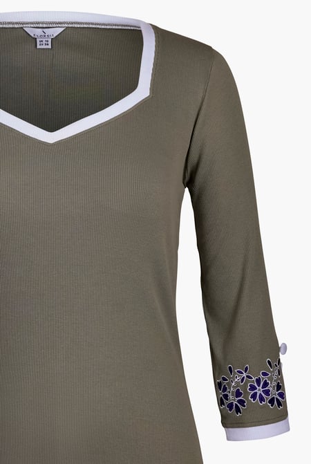 Olive Sweetheart Neck  Embroidered Long Sleeves Tops