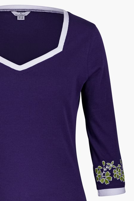 Navy Sweetheart Neck  Embroidered Long Sleeves Tops