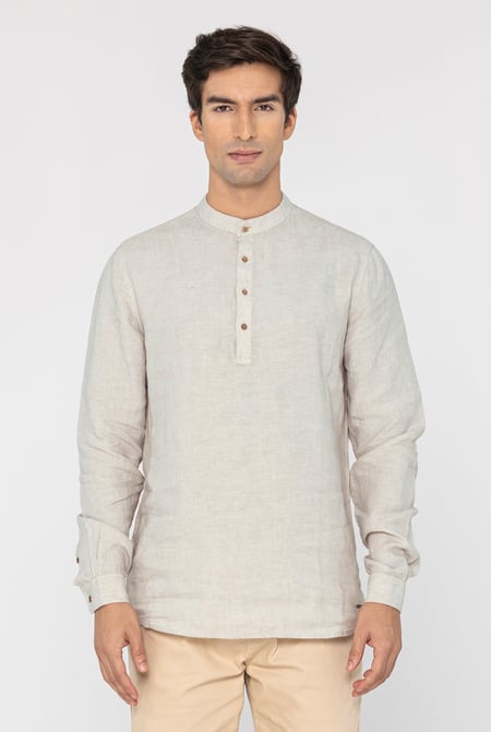 Grey Band Collar Linen Shirt