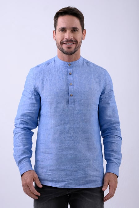 Grey Band Collar Linen Shirt