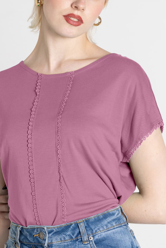 Boat Neck Front Lace Trim Tops