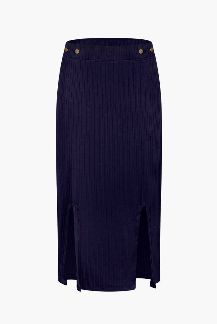 Button Front Ribbed Midi Skirt