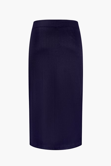 Blue Button Front Ribbed Midi Skirt