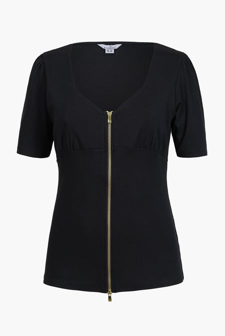 Black Sweetheart Neckline Zip-Front Jersey Top