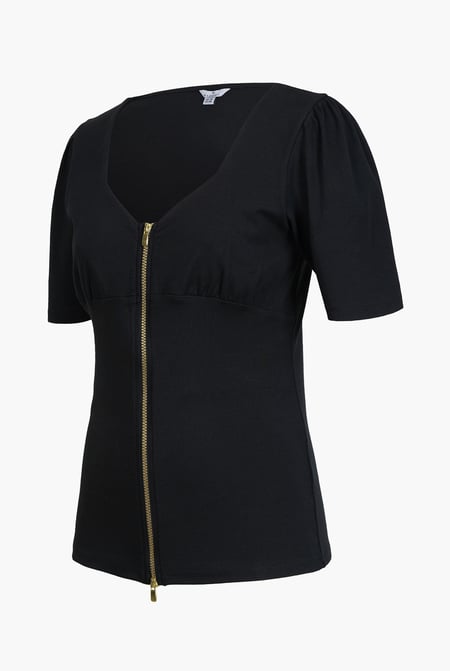 Black Sweetheart Neckline Zip-Front Jersey Top