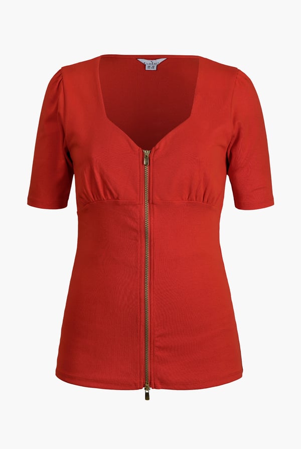 Red Sweetheart Neckline Zip-Front Jersey Top