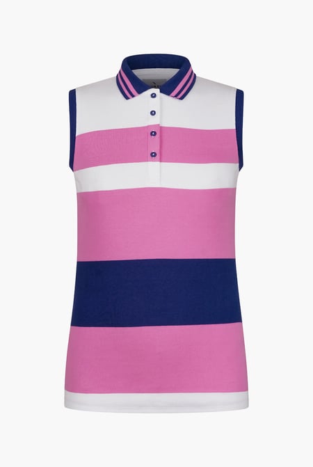 Women's Pink/Blue/White Colour Block Sleeveless Polo Shirt
