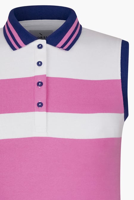 Women's Pink/Blue/White Colour Block Sleeveless Polo Shirt