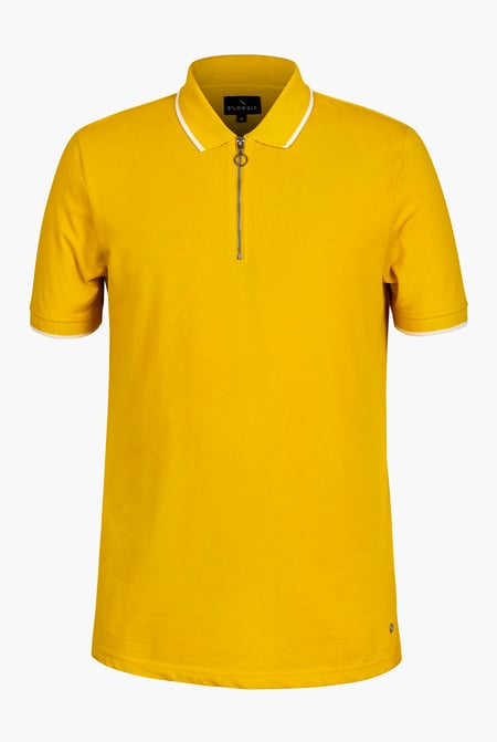 Yellow Tipped Collar Short Sleeves Zip Polo Shirt