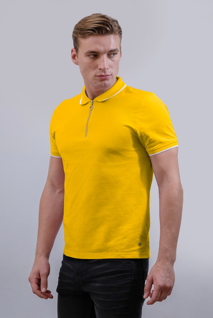 Tipped Collar Short Sleeves Zip Polo Shirt