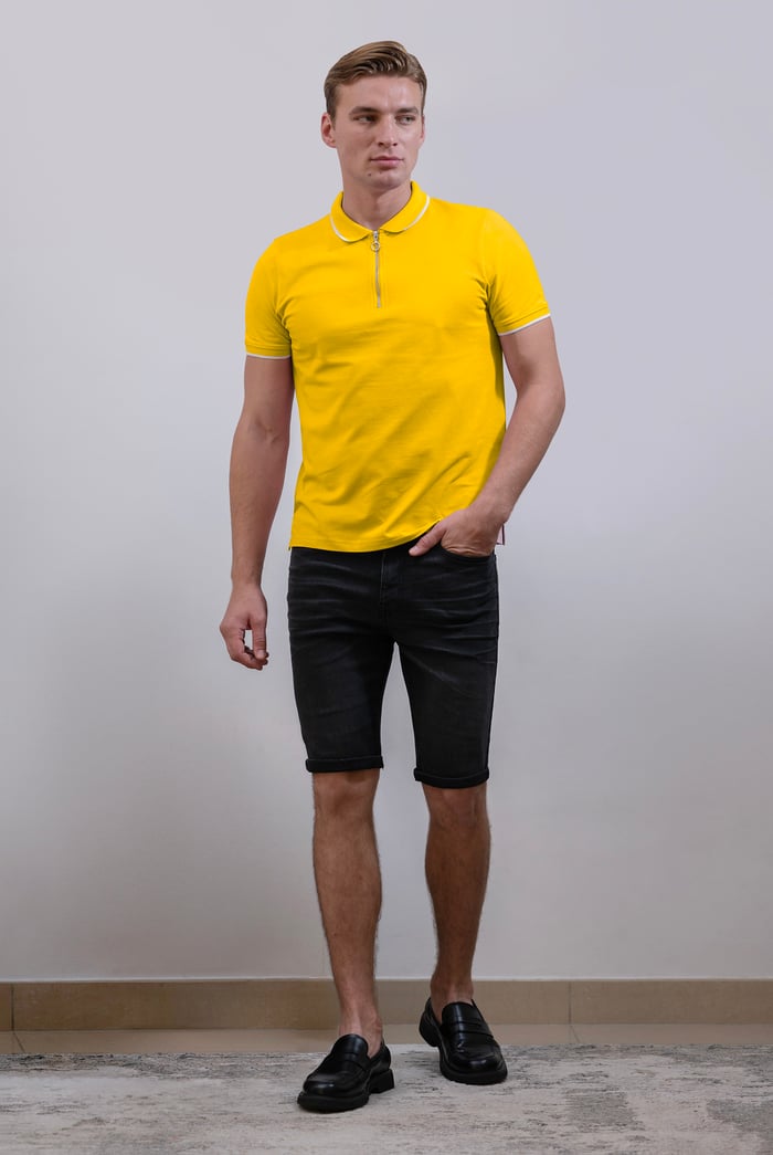Tipped Collar Short Sleeves Zip Polo Shirt