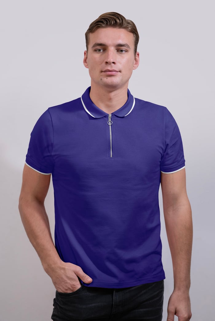 Tipped Collar Short Sleeves Zip Polo Shirt