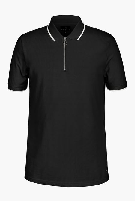 Black Tipped Collar Short Sleeves Zip Polo Shirt