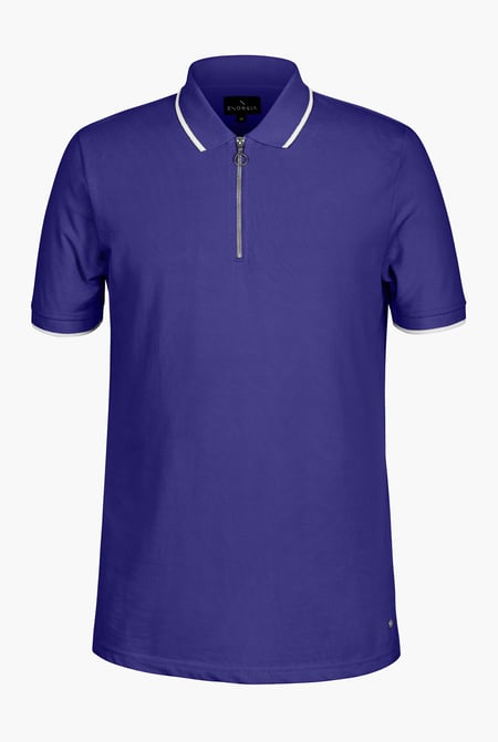 Blue Tipped Collar Short Sleeves Zip Polo Shirt