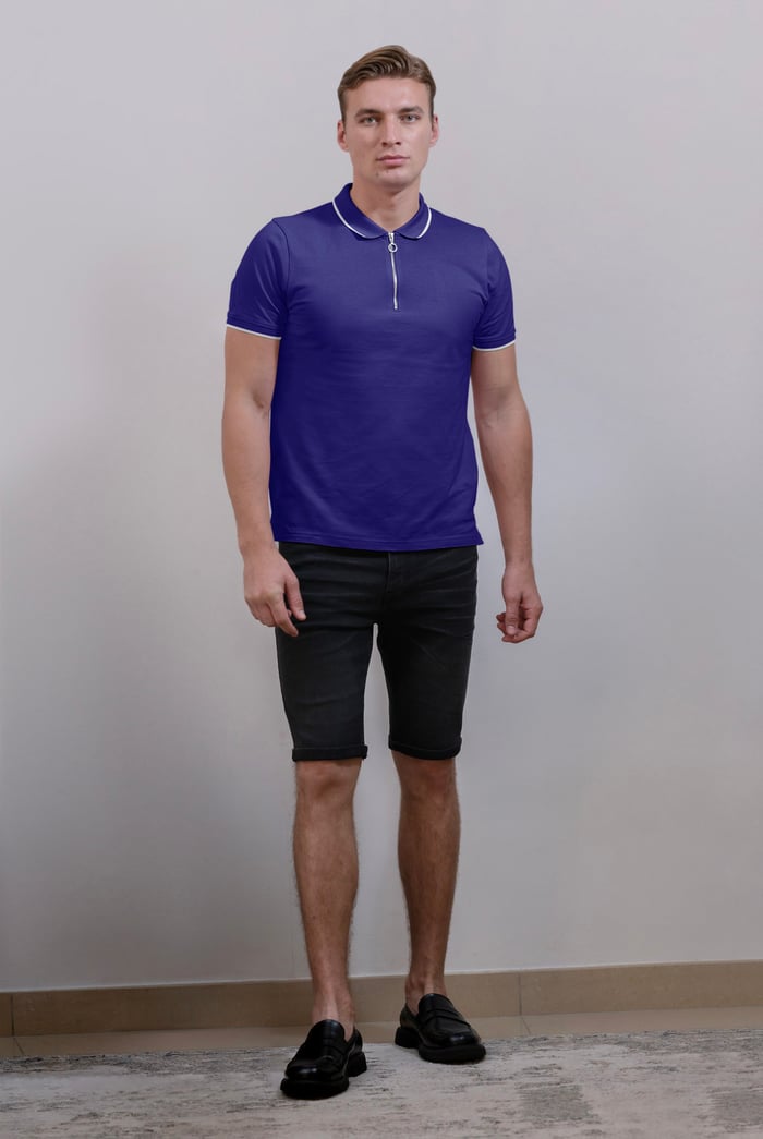 Tipped Collar Short Sleeves Zip Polo Shirt