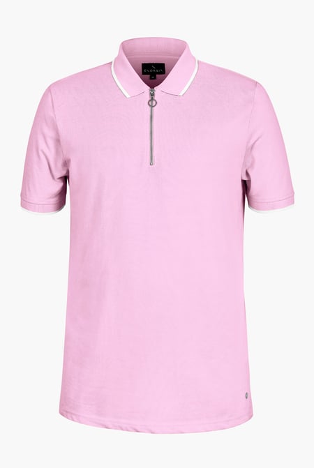 Pink Tipped Collar Short Sleeves Zip Polo Shirt