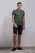 Tipped Collar Short Sleeves Zip Polo Shirt