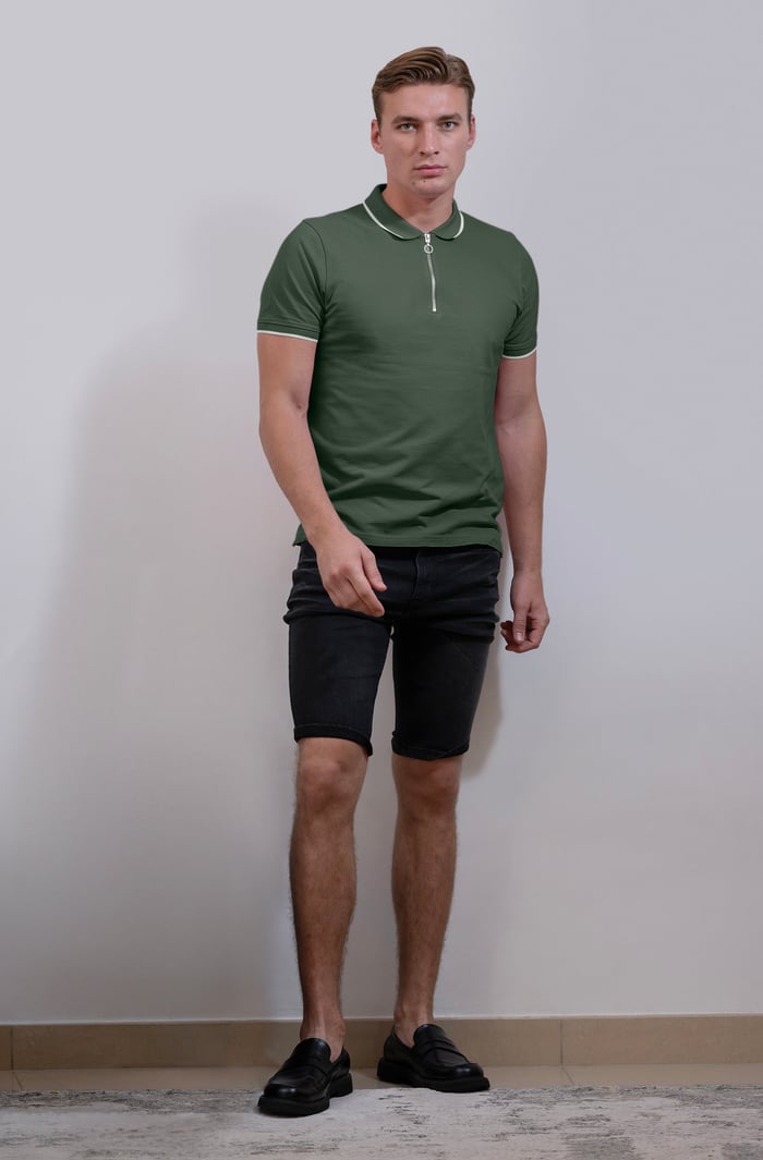 Tipped Collar Short Sleeves Zip Polo Shirt