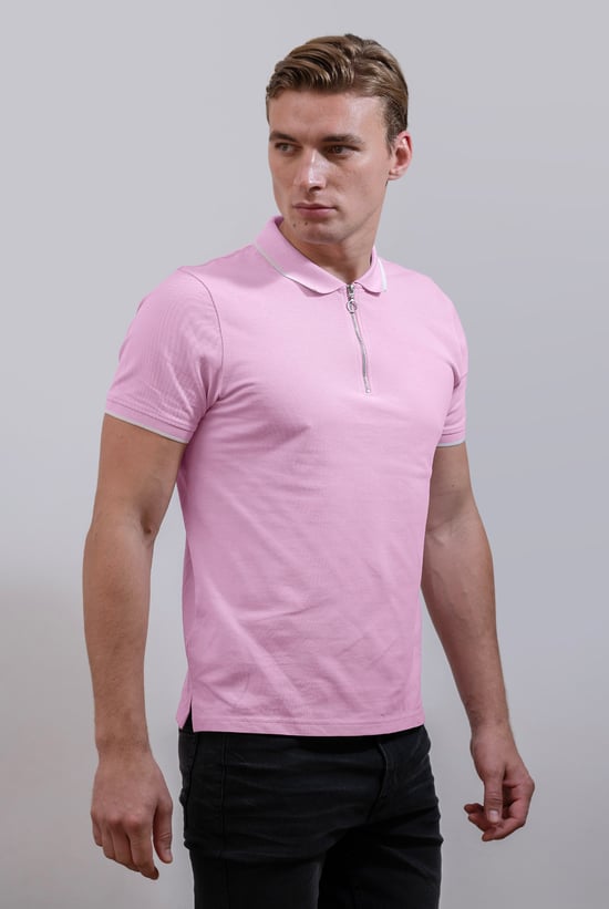 Tipped Collar Short Sleeves Zip Polo Shirt