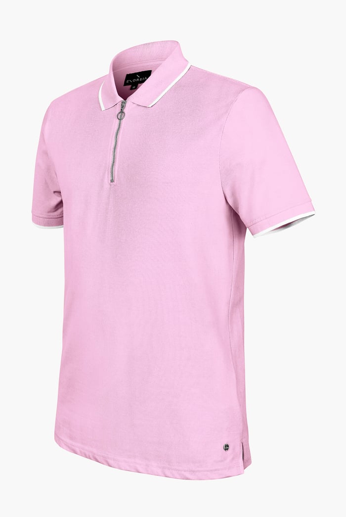 Tipped Collar Short Sleeves Zip Polo Shirt