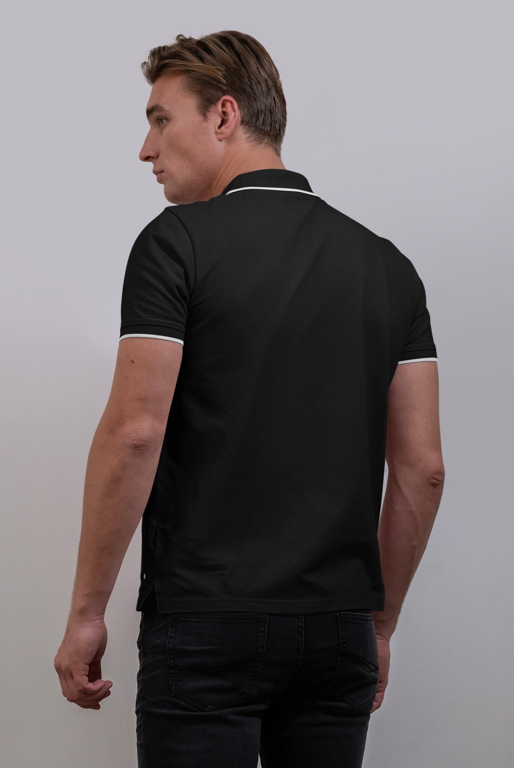 Tipped Collar Short Sleeves Zip Polo Shirt