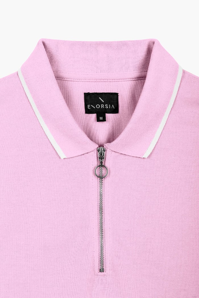 Tipped Collar Short Sleeves Zip Polo Shirt