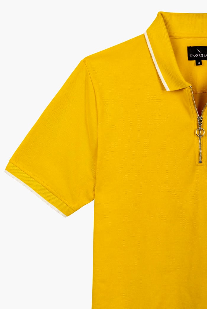 Tipped Collar Short Sleeves Zip Polo Shirt