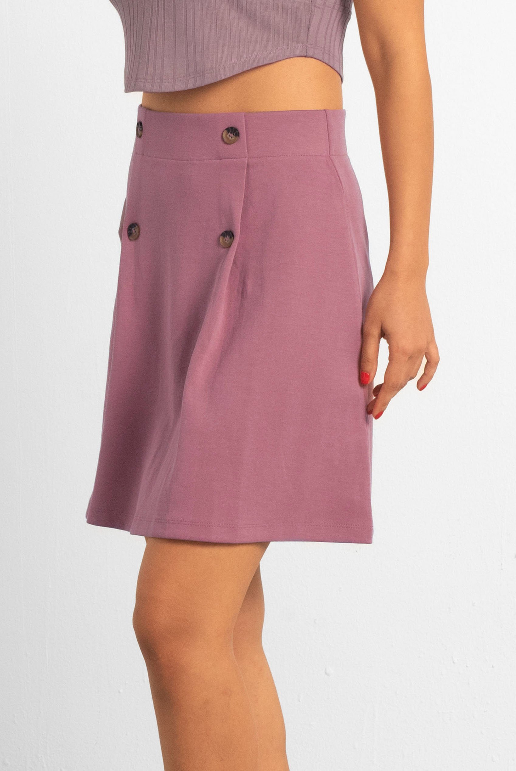 Button-Trimmed Pleated Mini Skirt