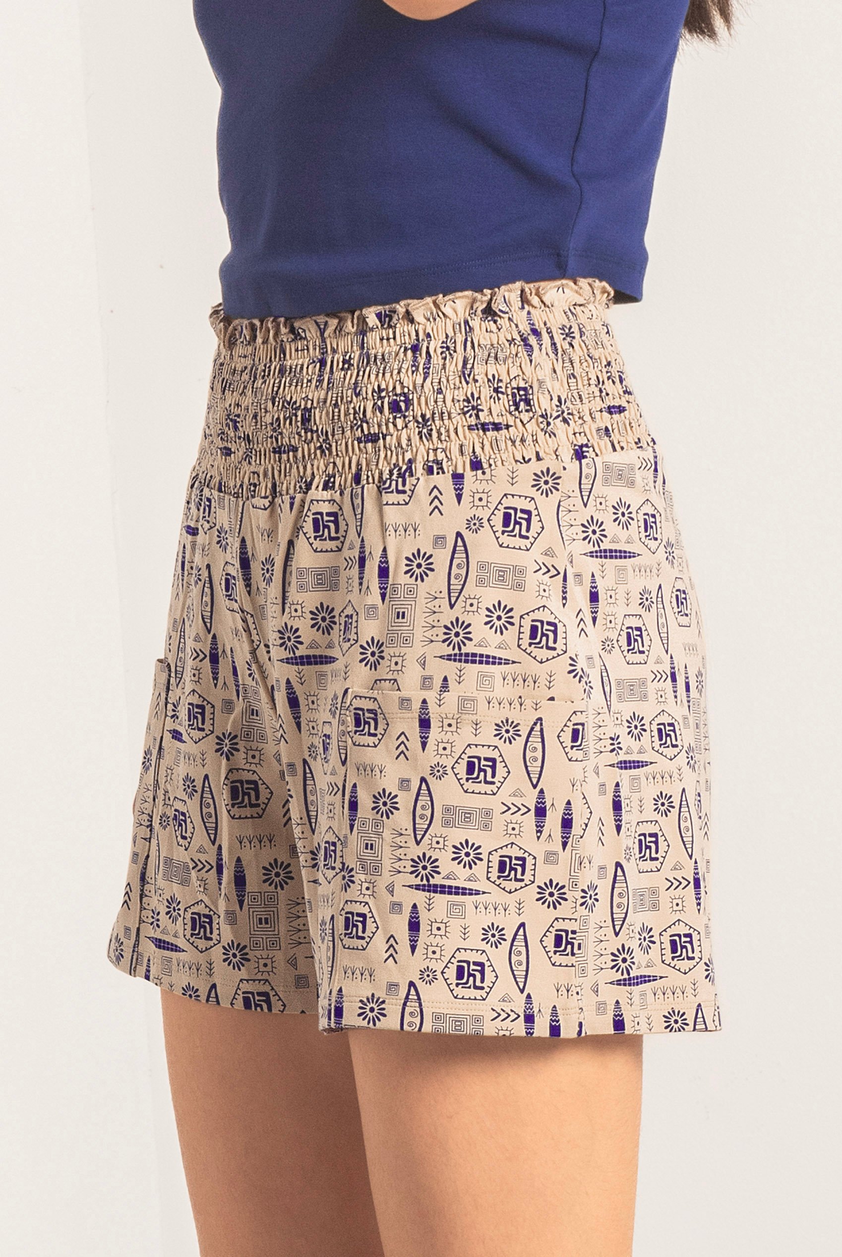 Smocked High-Waisted Printed Shorts