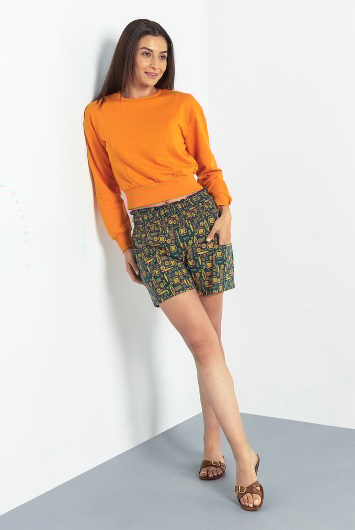 Smocked High-Waisted Printed Shorts
