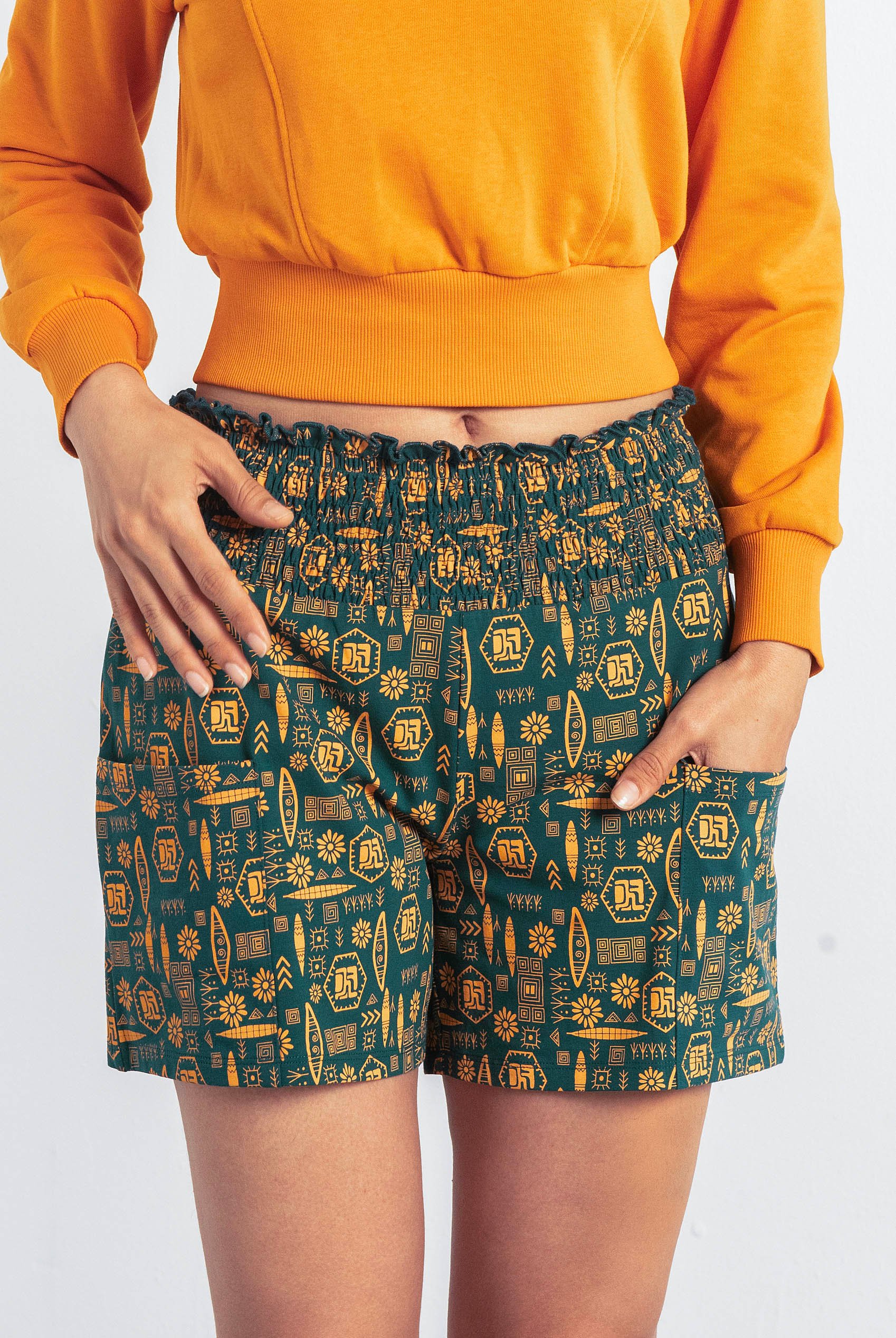 Smocked High-Waisted Printed Shorts