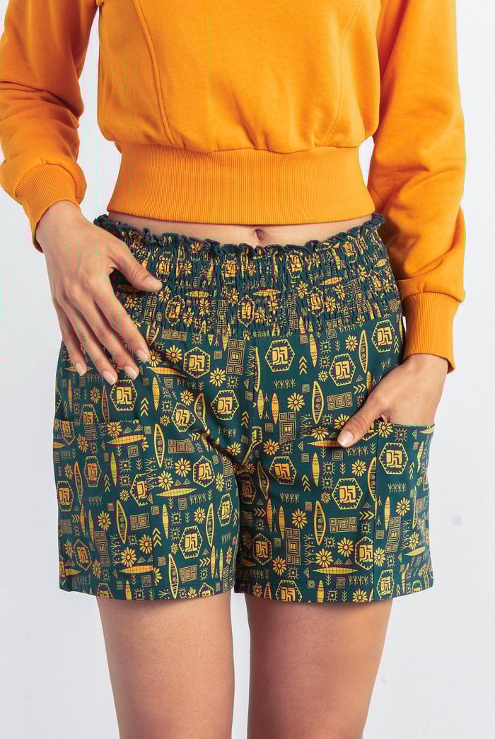 Smocked High-Waisted Printed Shorts