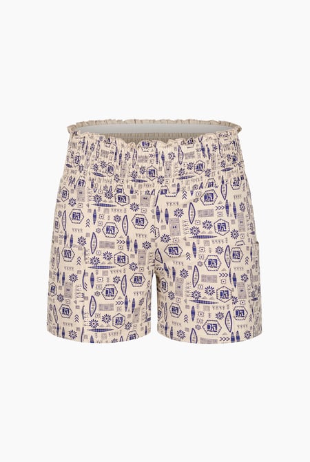 Cream Smocked High-Waisted Printed Shorts