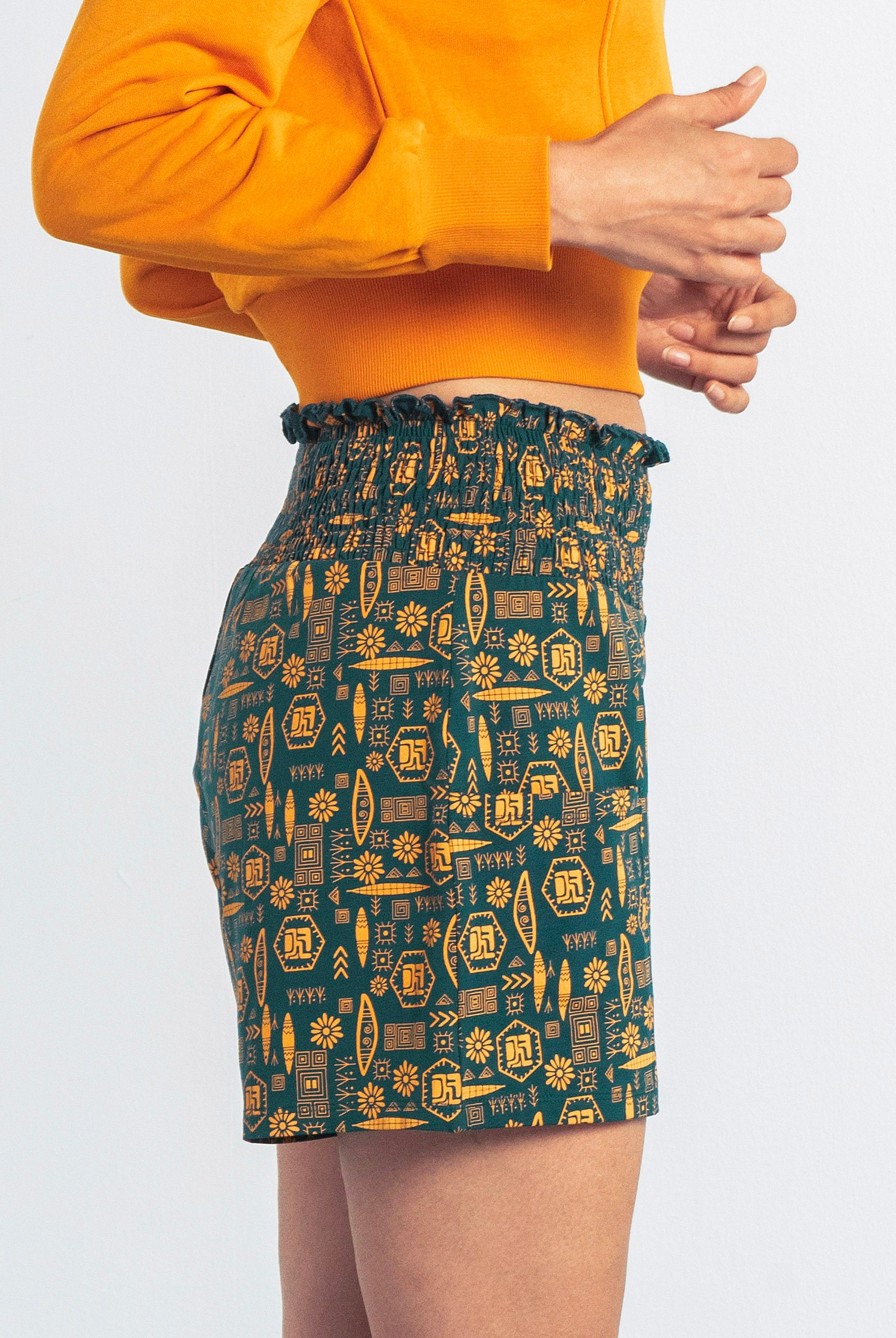 Smocked High-Waisted Printed Shorts