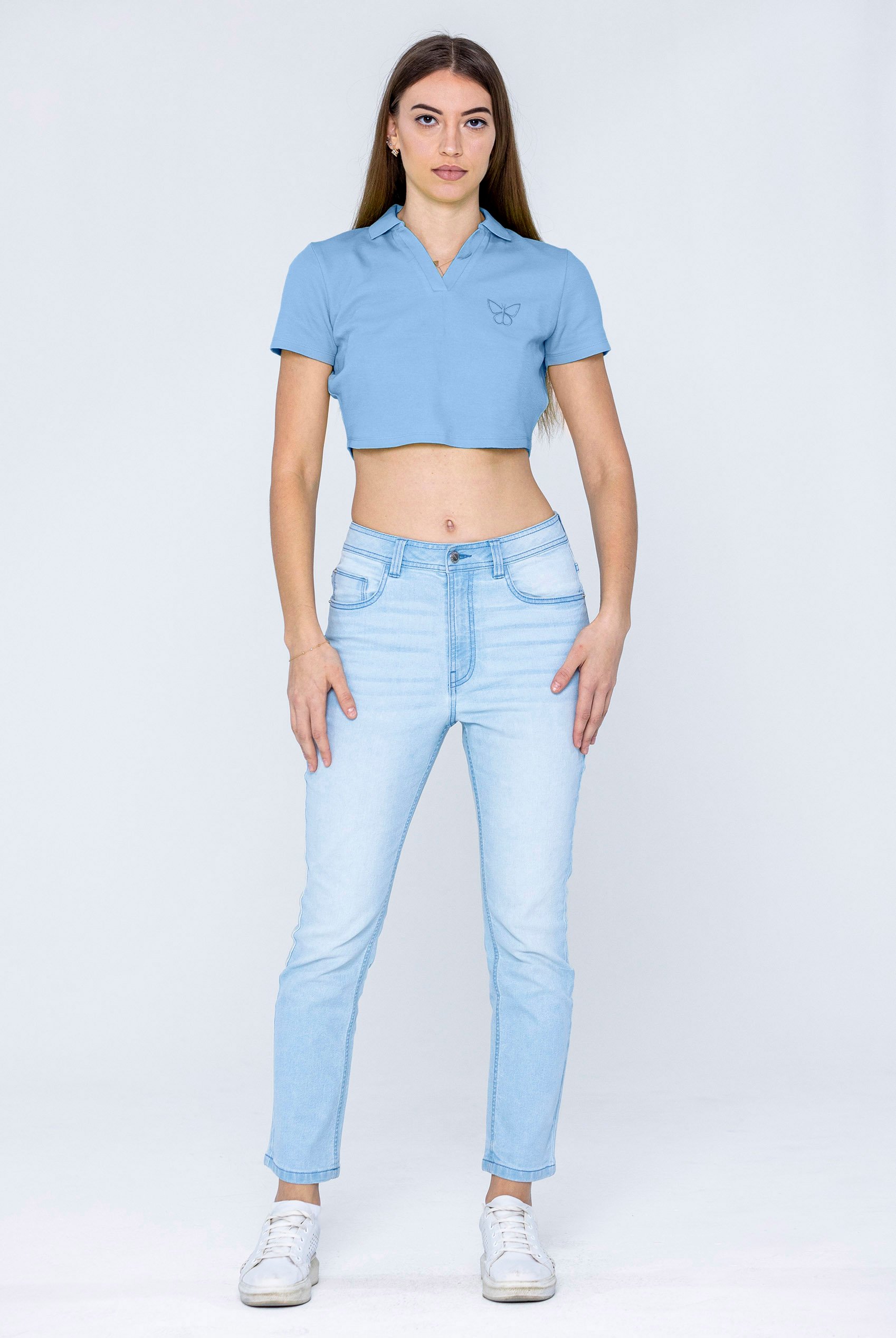 Waffle V-Neck Cropped Polo