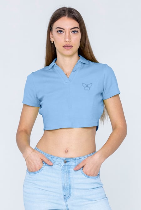 Blue Waffle V-Neck Cropped Polo