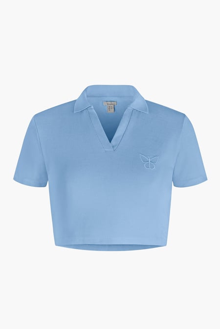 Blue Waffle V-Neck Cropped Polo